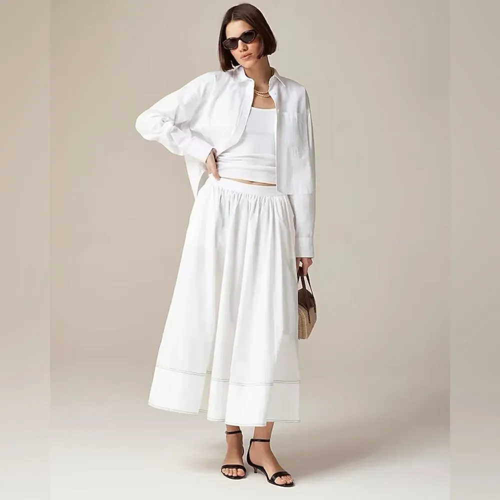 NWT J CREW Contrast-stitch midi skirt in cotton poplin in white